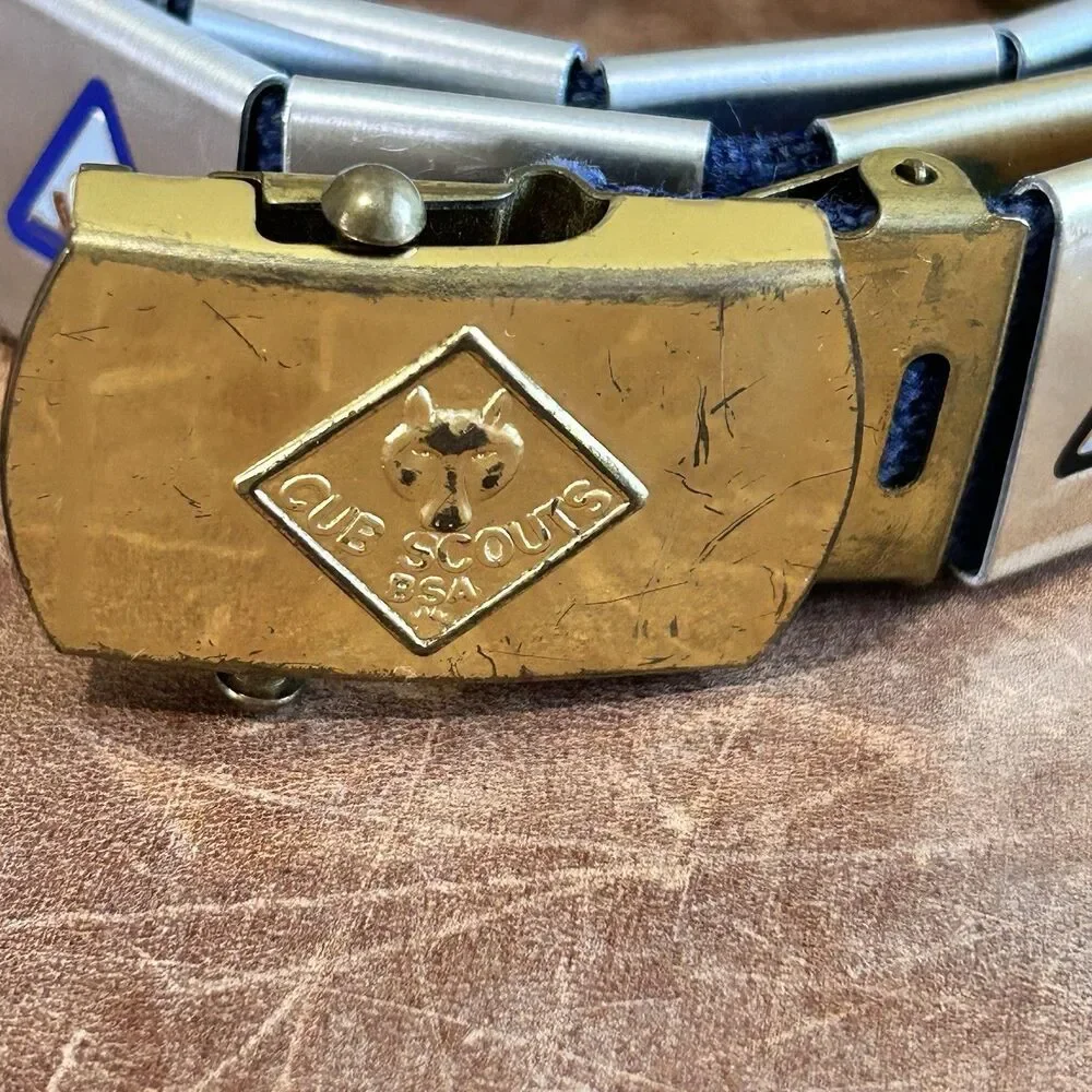 Cub Scout Belt with solid brass buckle Loop Slides Merit Badges. 19 Pieces USA